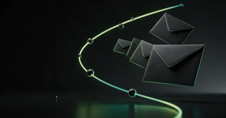Koverte koje putuju svijetlećom putanjom kroz čvorove, simbol automatizacija e-mail marketinga