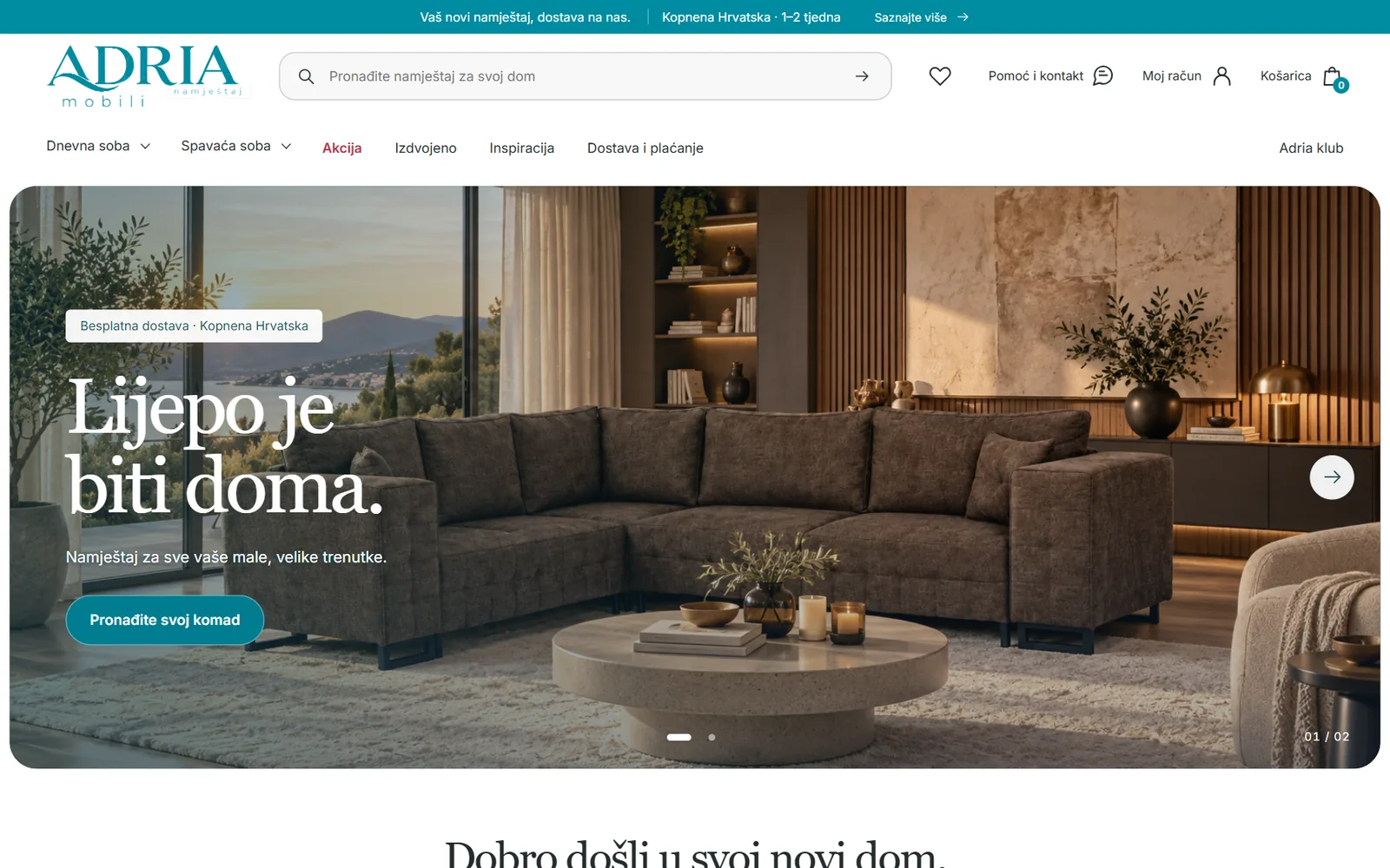 Početna stranica web shopa adriamobili.com na desktopu: pretraga namještaja i dnevna soba s kutnom garniturom