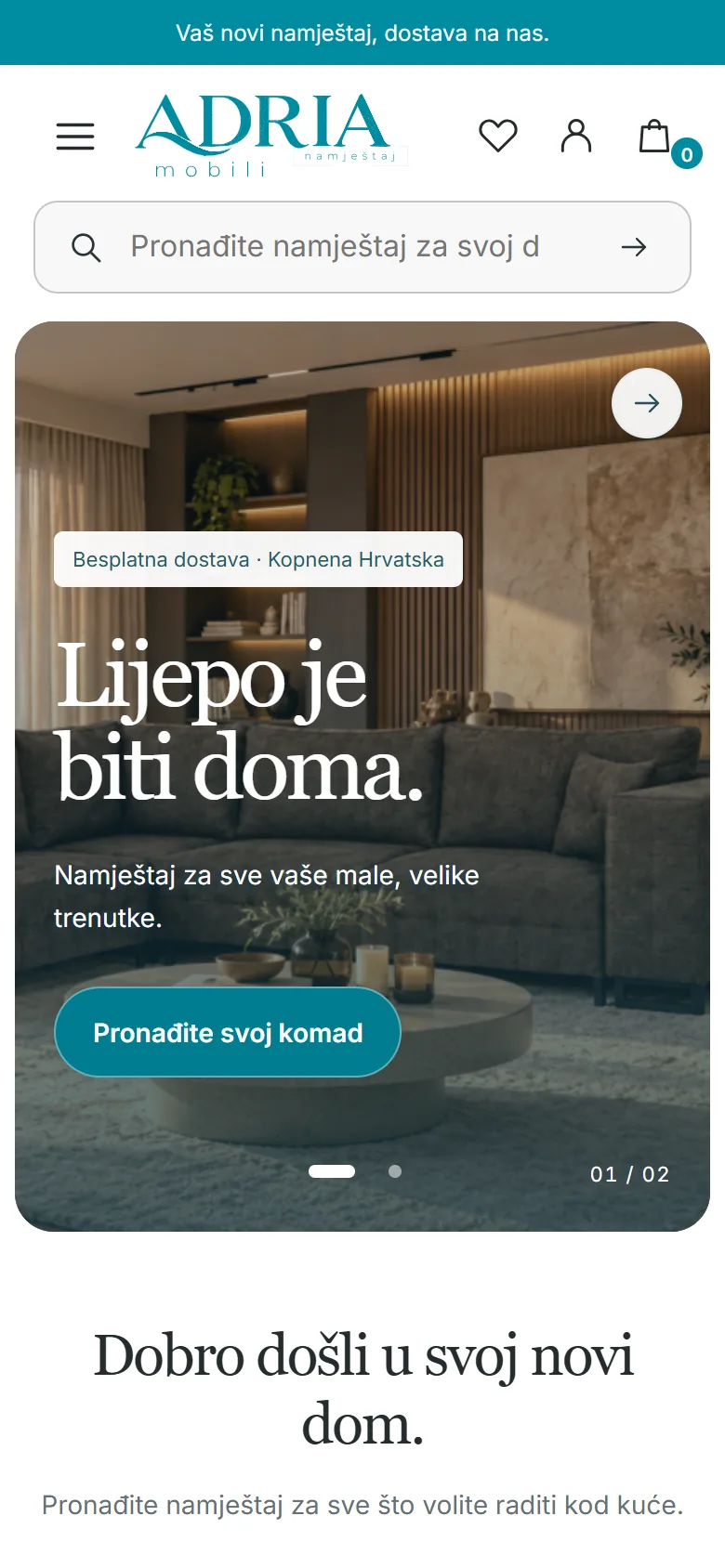 Web shop adriamobili.com na mobitelu: pretraga, baner dnevne sobe i poziv na odabir namještaja