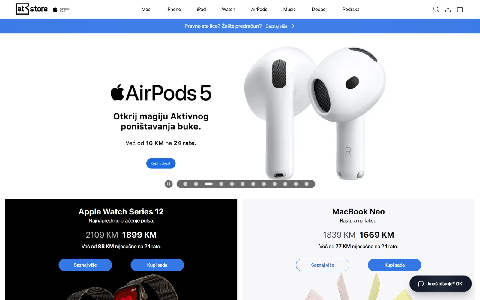 Početna stranica web shopa atstore.ba na desktopu: meni Apple kategorija, AirPods i ponude s cijenom na rate