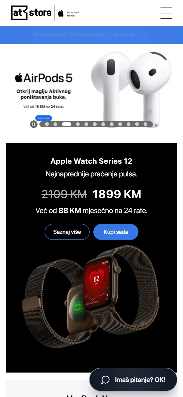 Web shop atstore.ba na mobitelu: AirPods i Apple Watch s cijenom i mjesečnom ratom