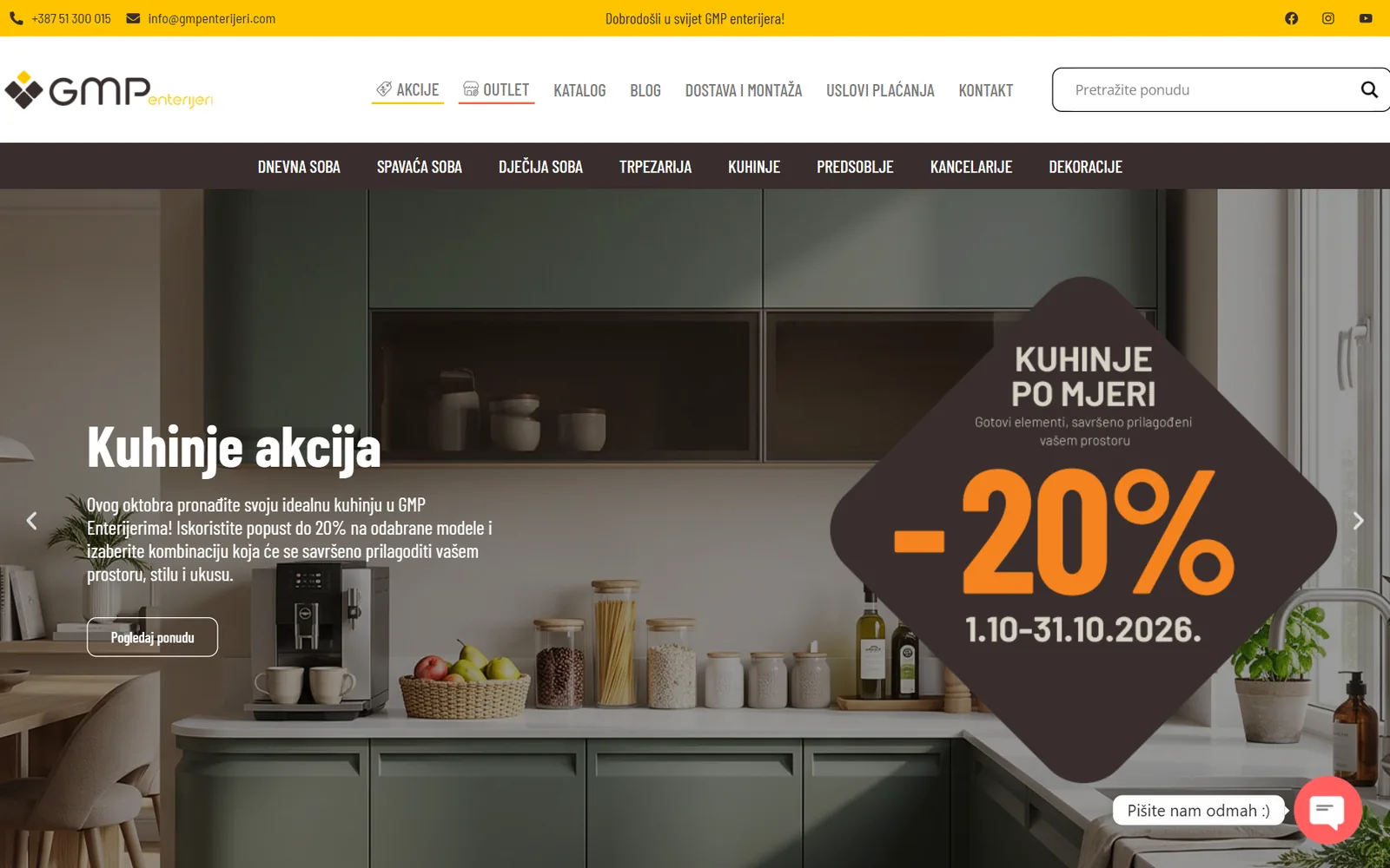 Početna stranica gmpenterijeri.com na desktopu: meni po prostorijama i akcija za kuhinje