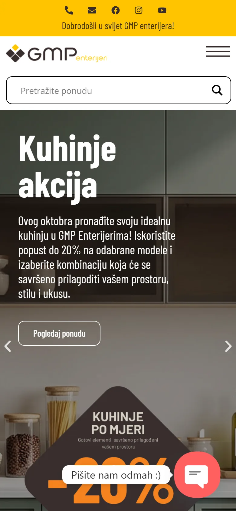 Sajt gmpenterijeri.com na mobitelu: pretraga ponude i baner akcije za kuhinje