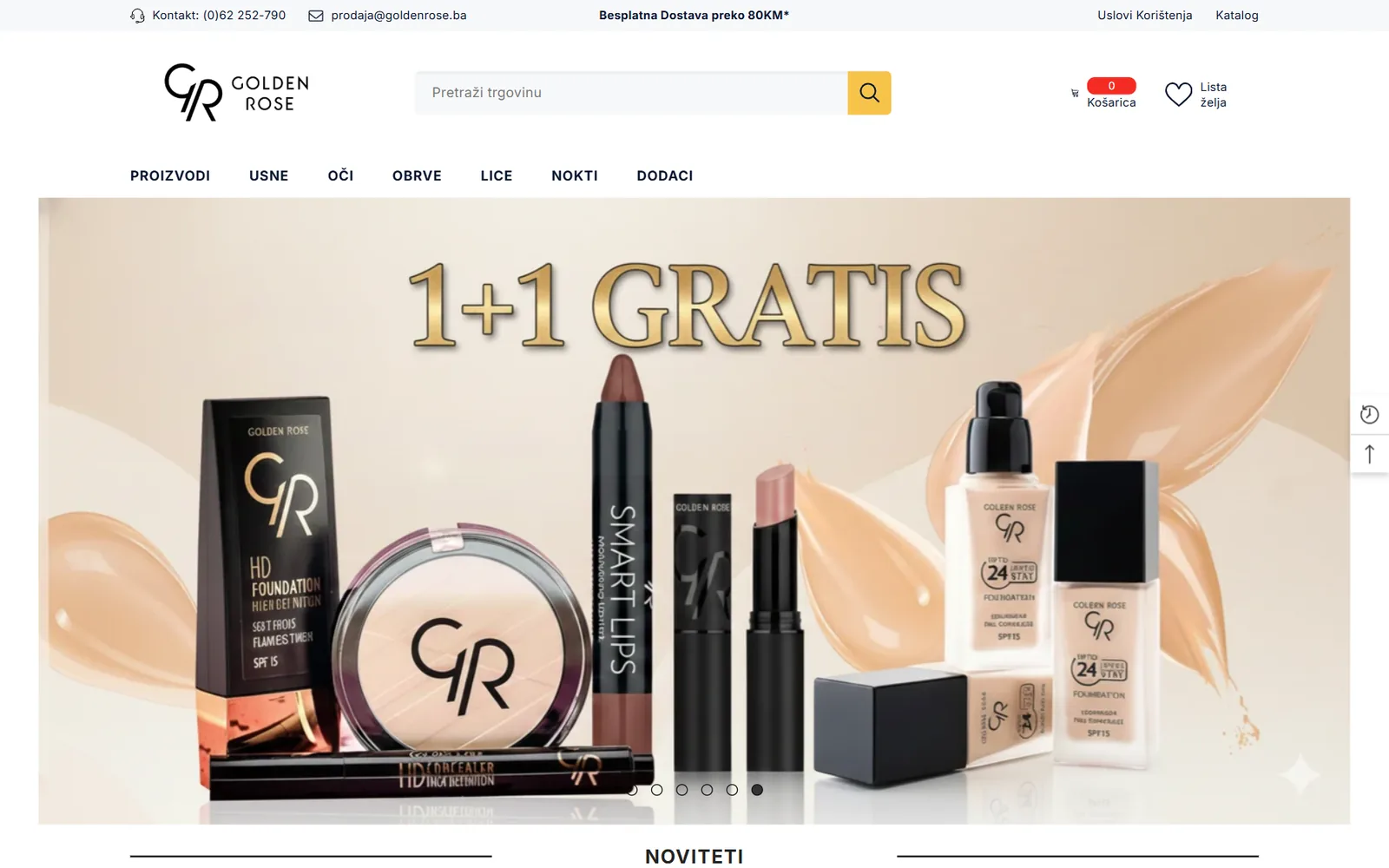 Početna stranica web shopa goldenrose.ba na desktopu: pretraga, kategorije šminke i akcijski baner