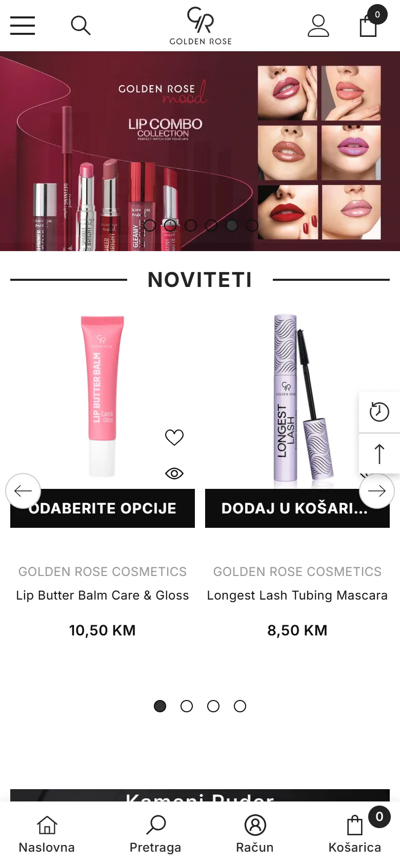 Web shop goldenrose.ba na mobitelu: baner kolekcije, noviteti s cijenama i donja navigacija