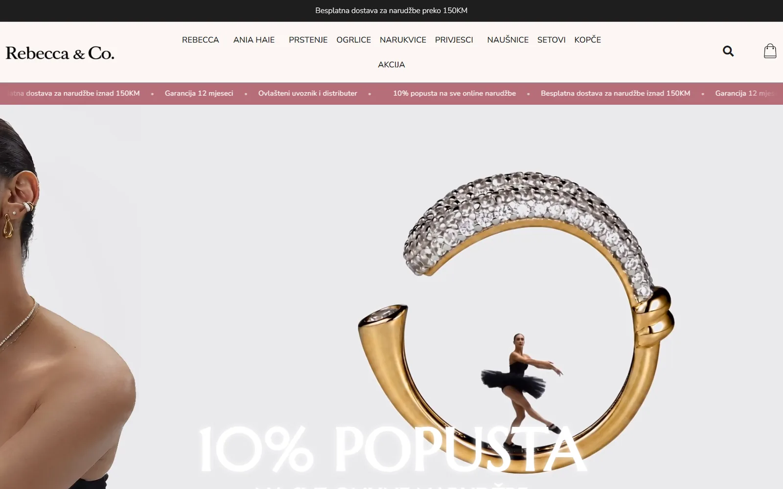 Početna stranica web shopa rebecca.ba na desktopu: meni po vrstama nakita i kampanja s prstenom