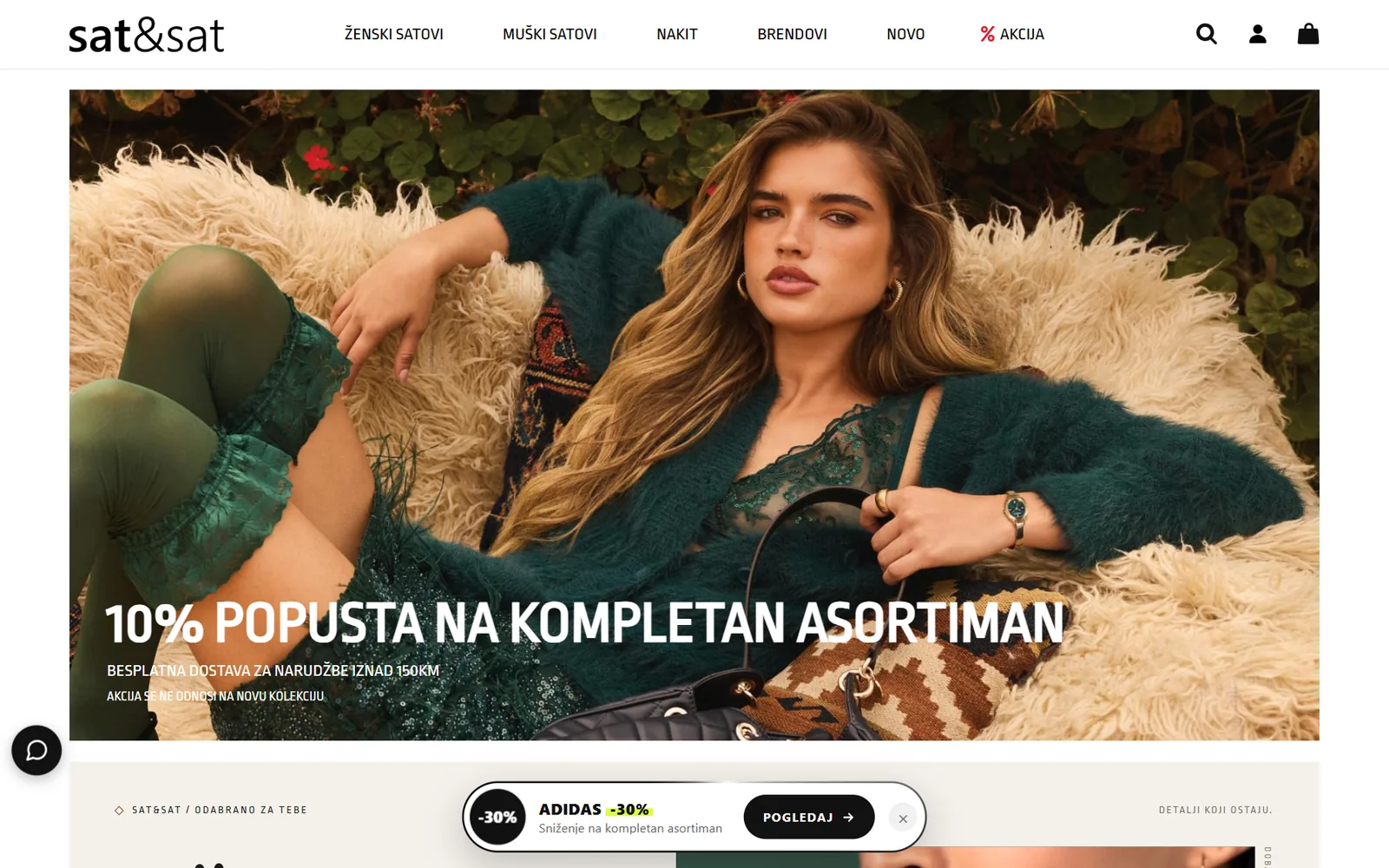 Početna stranica web shopa satisat.ba na desktopu: meni sa satovima i nakitom, kampanja sniženja