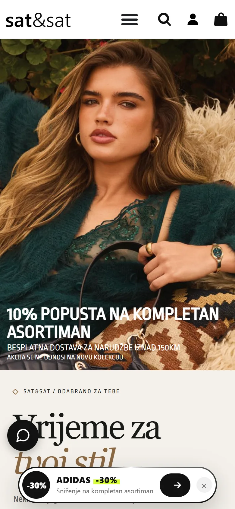 Web shop satisat.ba na mobitelu: zaglavlje s pretragom, računom i korpom, naslovna kampanja
