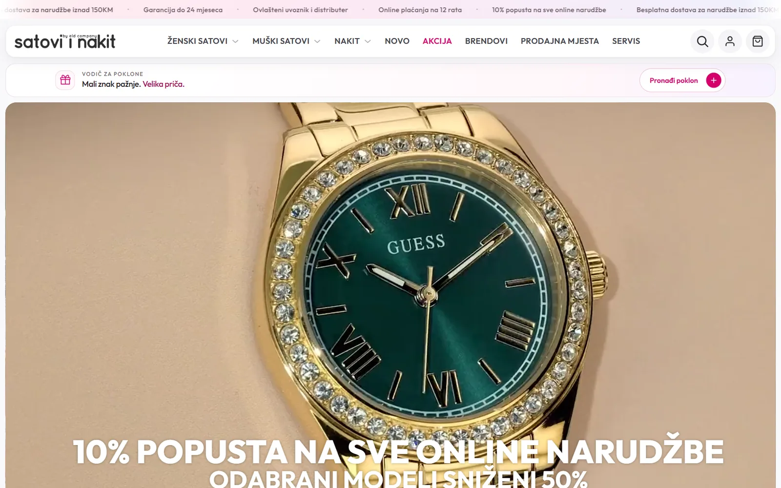 Početna stranica web shopa satoviinakit.ba na desktopu: meni po brendovima i istaknut ženski sat